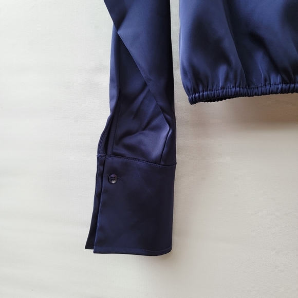 Good American Long Sleeve Stretch Satin Faux Wrap Top Womens XS Navy Blue French - Picture 14 of 16